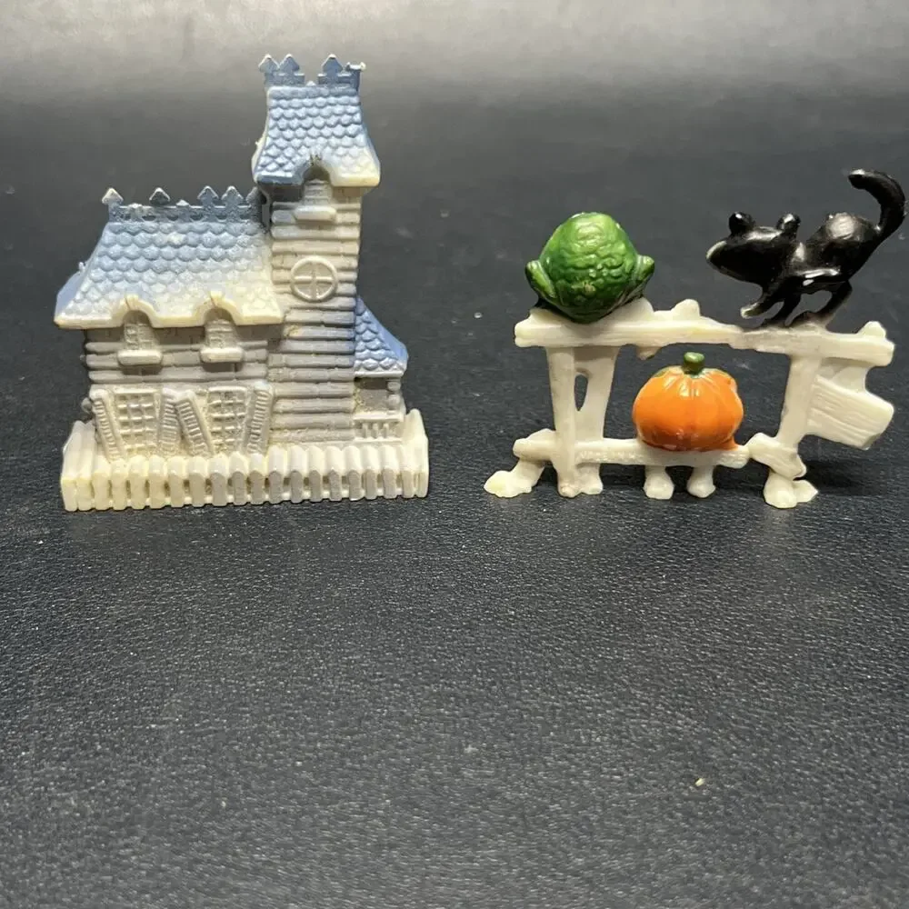 Vintage Halloween Figures Cake Topper Hong Kong Haunted House Black Cat Pumpkin